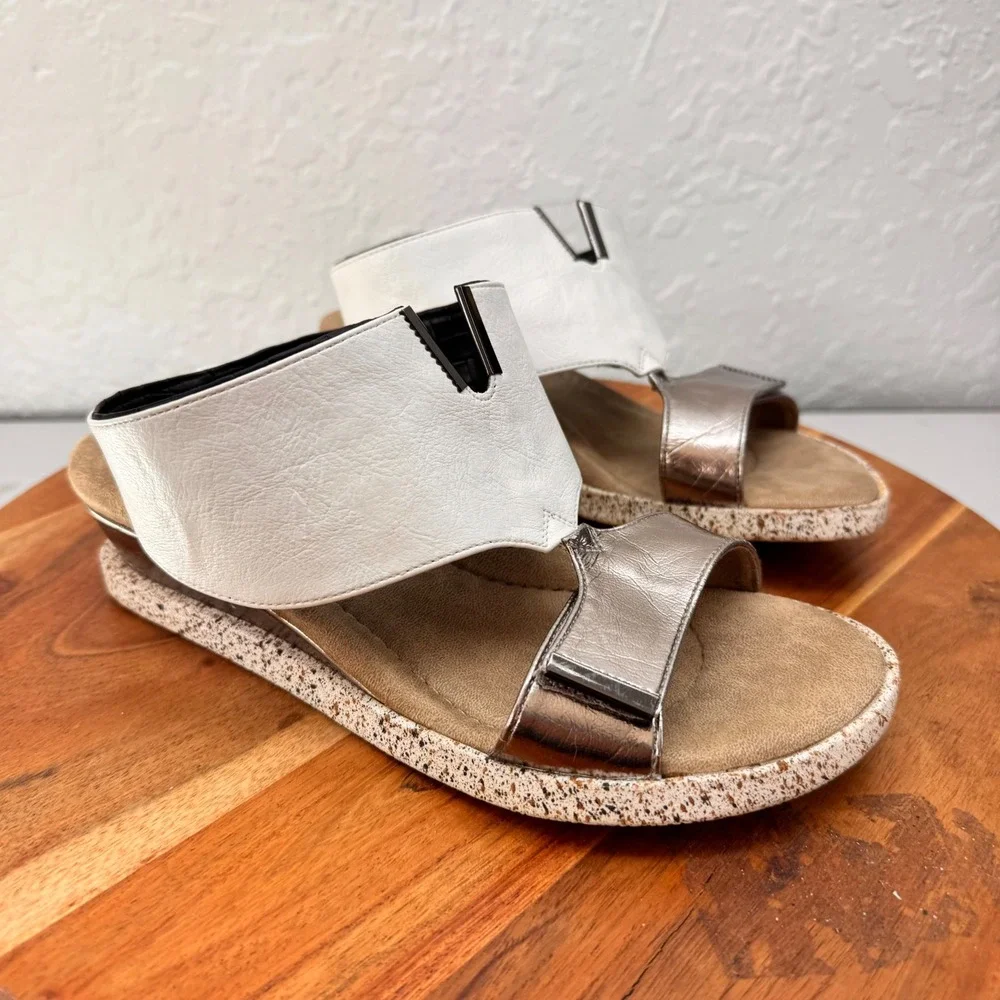 Modzori Reversible Wedge Sandals Womens 9 Black White Silver Metallic Woven